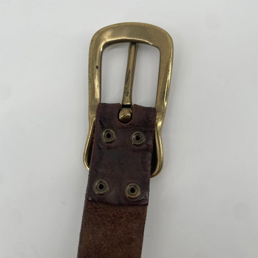 Jean Shop Leather Belt Mens L Brown Brass Buckle Distressed Scalloped Embossed